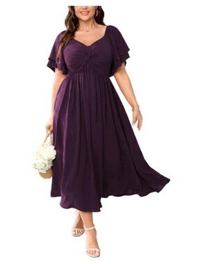 Plus Size Cocktail Maxi Dress Sweetheart Ruffle Sleeve Flowy A-Line Formal